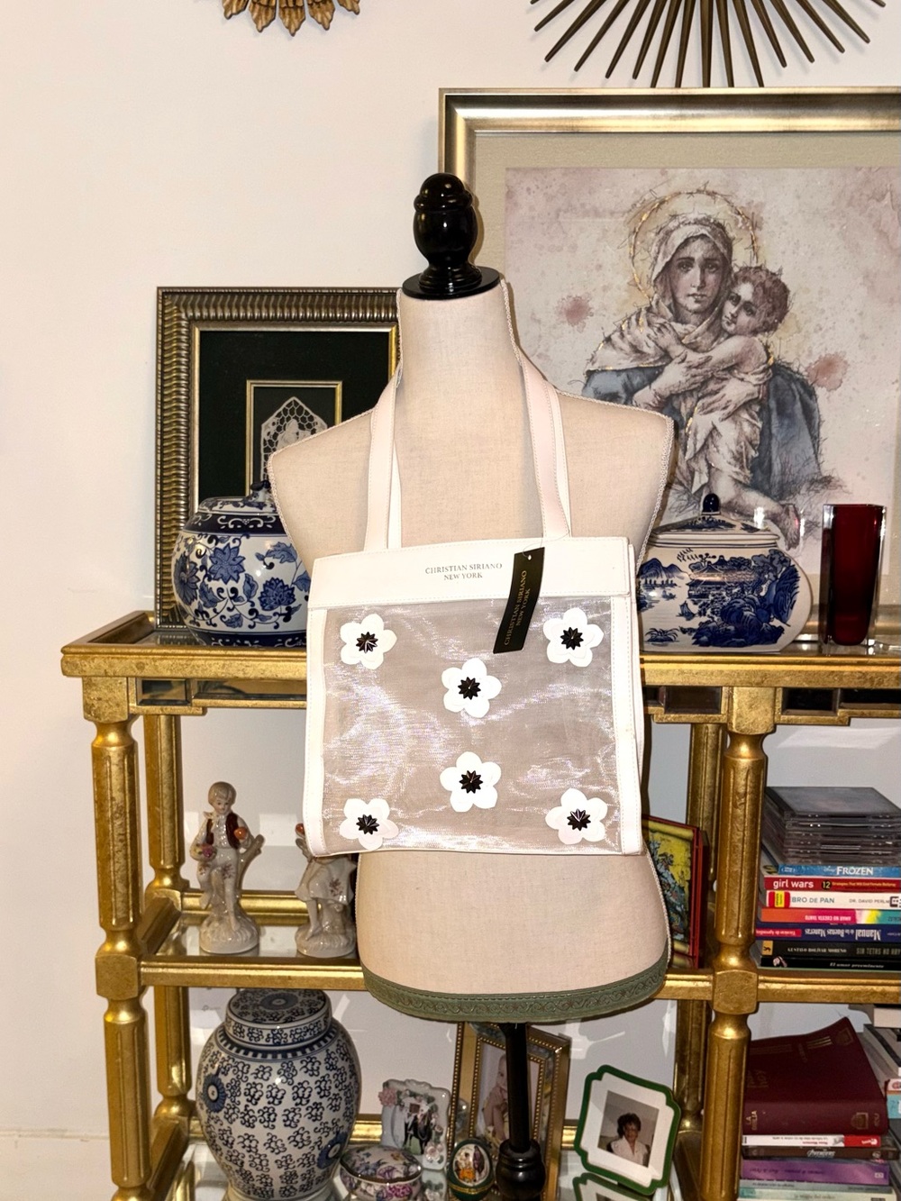 Christian Siriano Cream and White Floral Appliqué Tote